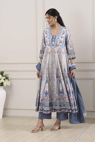 Image of Biba Printed Cotton A-Line Festive Kurta With Palazzo and Dupatta