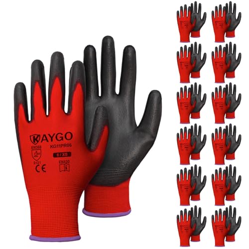 Image of KAYGO Safety Work Gloves for Men Women, PU Coated Palm & Fingers, KG11P | Smooth Grip, Breathable & Lightweight, 13-Gauge Seamless Knit, for Light Warehouse, Manufacturing, Gardening