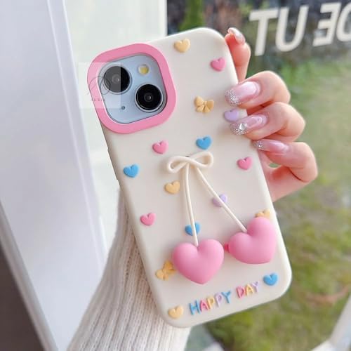 Image of MIDOS Cute 3D Cherry Heart Charm Case for iPhone 15 Soft Silicone Protective Cover with Pastel Hearts and Bow Design Girls Case for iPhone 15