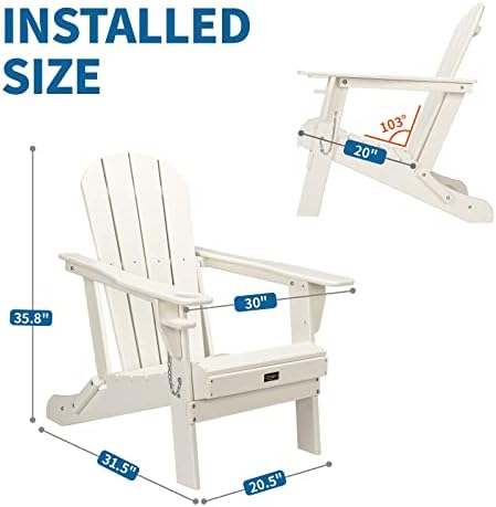 VINGLI Folding HDPE Adirondack Chair with Cup Holder Plastic Patio Lounger Armchair Lawn Chairs Furniture Deck, Balcony, Garden, Campfire Chairs (White)