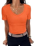 Aottori Camiseta Basica Mujer Verano Manga Corta Camisetas Elegante de Punto Blusas Cuello en V Elástico Ligero Sólido Casual Túnica Top Naranja S