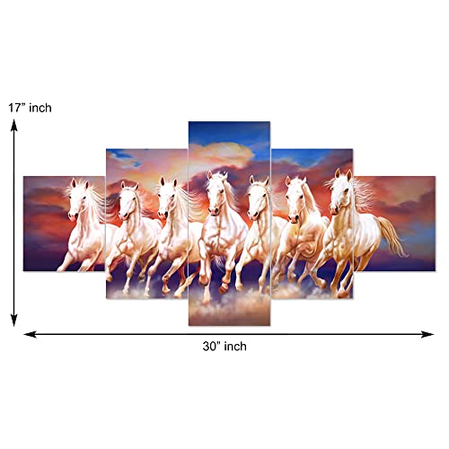 Image of Clasiko Set Of 5 Pcs 3D Wall Painting With Frame; 17x30 Inches; 7 Horses With Blue Background