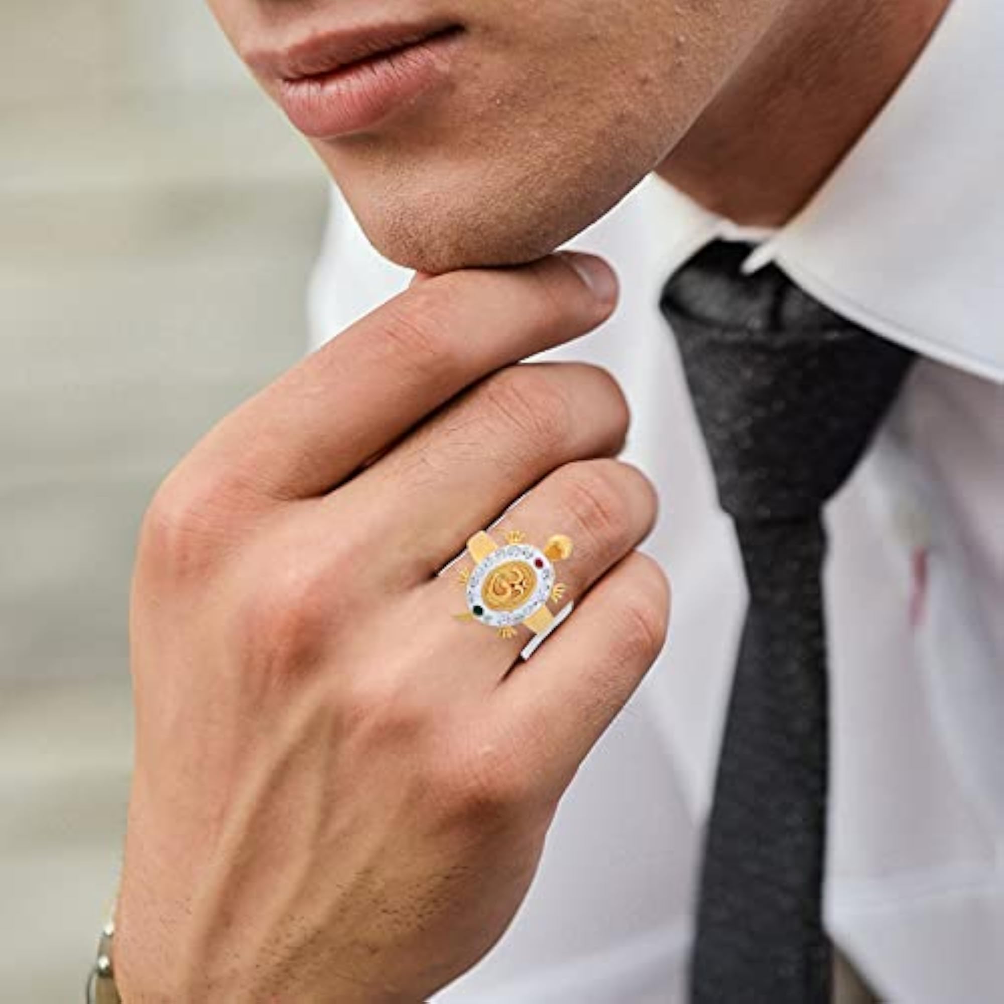 Gold Plated CZ Stud OM Symbol Turtle Ring, Good Luck