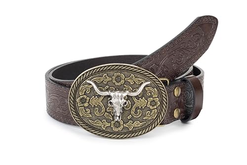 Image of Western Cowboy-Belts for Women Big-Buckle Longhorn-Bull PU-Leather Rodeo Cowgirl-Belt Engraved Floral - Waist 25-38 inch