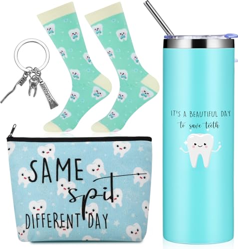 Maxcheck 4 Pcs Teeth Gifts Dental Hygienist Apprecation Gifts Bulk 20 oz Stainless Steel Tumbler with Straw Lid Brush Canvas Bag Teeth Socks Dentist Keychain for Nurse Dental Hygienist(Blue)