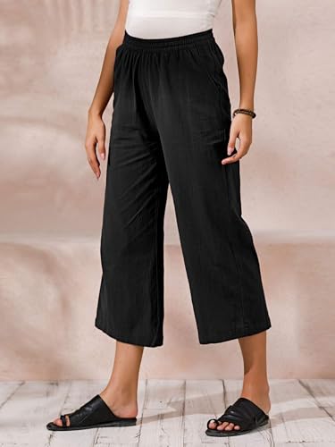 ECUPPER Women's Plus Size Elastic Waist Cotton Capri Pants Relaxed Loose Casual Cropped Trousers Black 5XL
