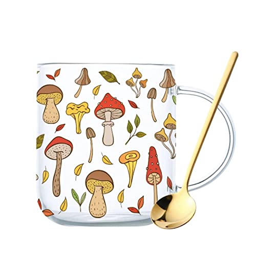 Mushroom Glass Mug with Gold Spoon Aesthetic Glass Cup with Cute Mushroom Patterns Mushroom Coffee Milk Mug Tea Cup Breakfast Drinking Mushroom Stuff (with Spoon)