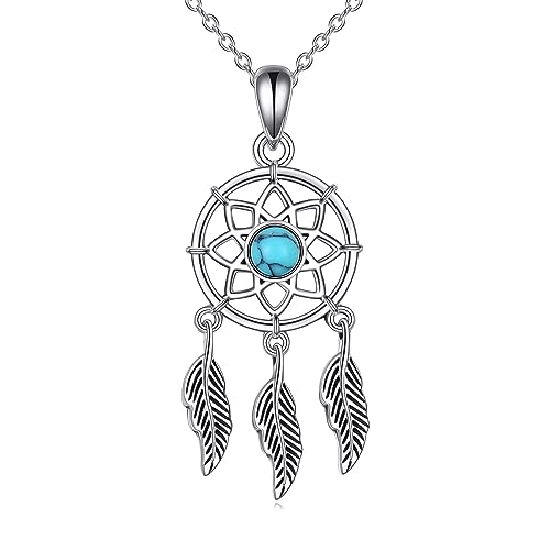 YFN Collier attrape-rêves en argent sterling 925 - Attrape-rêves - Turquoise - Cadeau pour femmes et adolescentes, 33*13mm, Argent sterling, Turquoise créé