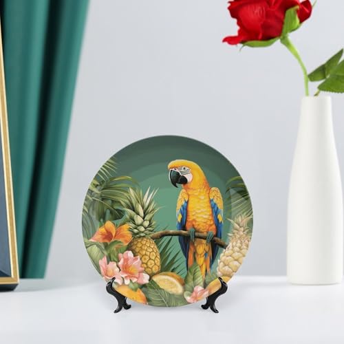 Plato decorativo de cerámica estampado piña y loro de porcelana 7