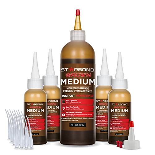Premium Grade Cyanoacrylate (CA) Super Glue by STARBOND - 16 OZ Complete Refill KIT (453-gram) - Light Brown Medium Crack Filler 150 CPS Viscosity Adhesive for Woodworking, Woodturning, Carpentry