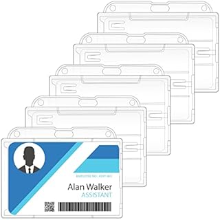 Yasmous 2-Sided 2 Card Badge Holder with Thumb Slot Hard Transparent PC Case Protector for Office School IDs Credit Cards Drivers Licenses and Passes, 5 Pack (Horizontal)