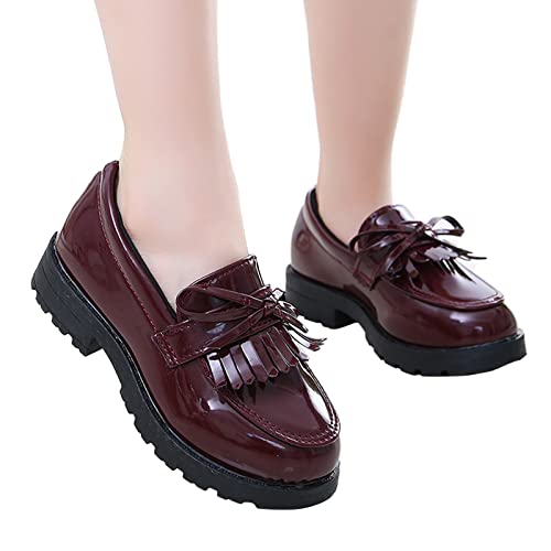 Girls Slip On Leather Loafer Tassel Bow Flats School Dress Shoes for Girls Fall Shows for Kids (Wine, 21)4