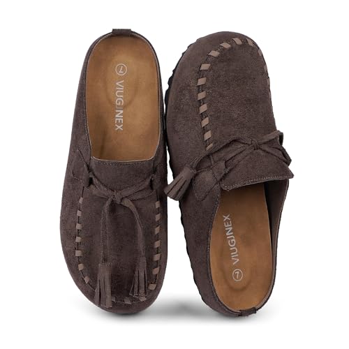 VIUGJNEX Tassel Fringe Clogs for Women Comfortable Footbed Slip-on Mules Loafers Round Toe Faux Suede Potato Shoes with Arch Support Work Dress Business Walking Casual Womens Shoes