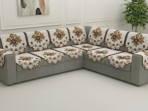 Image of Fab Nation Sofa Cover L Shape 6 Seater with Corner L Type Fully Covered Sofa Set for Living Room | Cotton Sofa Slipcovers for 3 + 3 Seaters Cover with 2 Arms | Brown