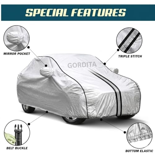 Image of Waterproof Car Body Cover for Elevate All Weather Protection Comes with Inner Cotton Lining & Triple Stitched with Mirror & Antenna Pocket Belt & Elastic Fit Metallic Silver with Black Piping2