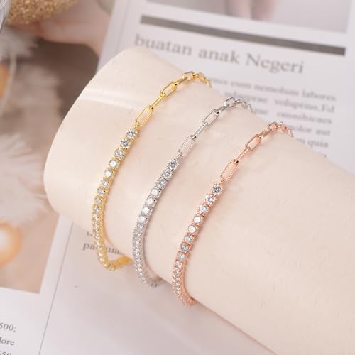 Sterling Silver Tennis PaperClip Bracelets for Women Tennis Bracelet Fashion Jewelry Anniversary Birthday Gifts for Women Mom Wife Daughter Her3