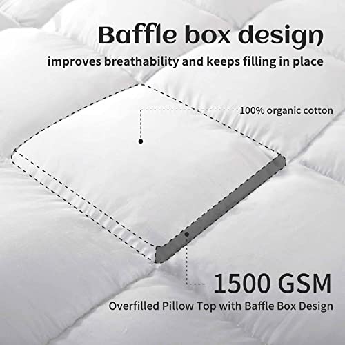 Nexhome Pro Extra Thick Cooling Queen Mattress Topper, 1500 Gsm Overfilled Pillow Top With Baffle Box Design, Hand Made 400Tc Organic Cotton Pad Cover, Plush & Support Snow Down Alternative #TOP5