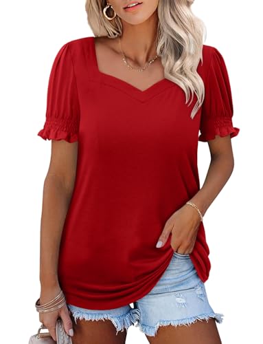 CRAZY GRID Womens Summer Tops Puff Short Sleeve Shirts Dressy Casual Blouses Trendy Loose Tunic Ladies Spring TshirtsRed L — view 3