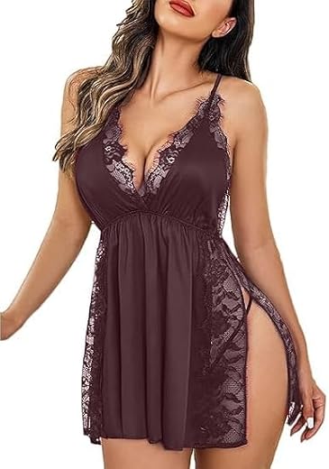 FlyNery Babydoll Dress Women Sexy Stylish- Satin Nighty Honeymoon Dress, Lace Detailing Above The Knee, S to XL Sizes, Per...