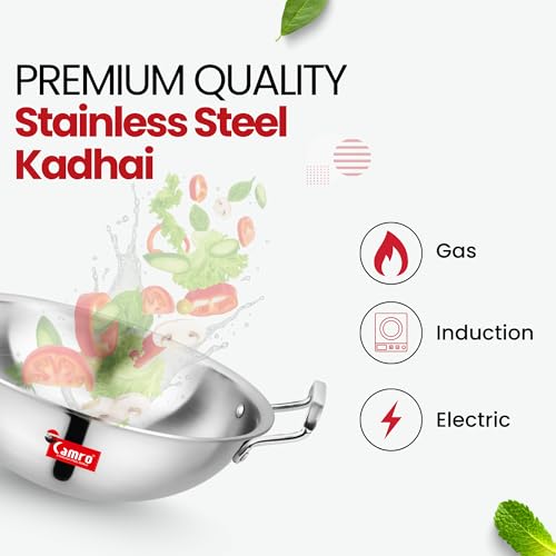 Image of Camro Triply Artisian Kadhai 5.8 Litre | Tasla kadai Steel Stainless Round Kadhai for Deep Frying Stir-Fry| Induction Base Kadai for Cooking Triply Kadai Without lid | Induction Friendly