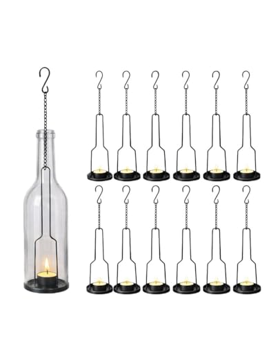 AceList 12 Pack Wrought Iron Hanging Candle Holder for Cut Glass Bottles, Fits 3.0' Diameter Bottlenecks, DIY Wine Bottle Lantern Kit for Garden, Patio, Wedding, Outdoor Decor
