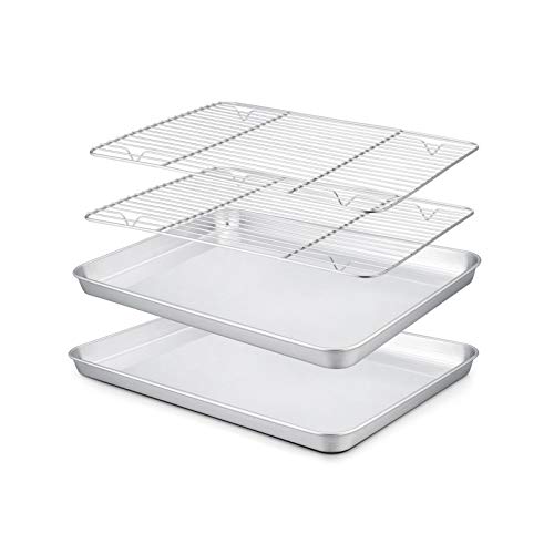 TeamFar 10.5’’ x 8’’ x 1’’ Toaster Oven Pan with Rack Set, Small Baking Pans Tray Stainless Steel with Cooling Rack Set of 4, Non-Toxic & Heavy Duty, Mirror Finish & Dishwasher Safe