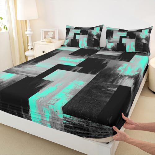Black Gray Teal Grid Bedding Set,Patchwork Grid Graffiti Fitted Sheet for Men Women Adults,Modern Simple Geometric Decor Deep Pocket,2 Pillowcases(No Flat Sheet),Full Size 3 Pcs