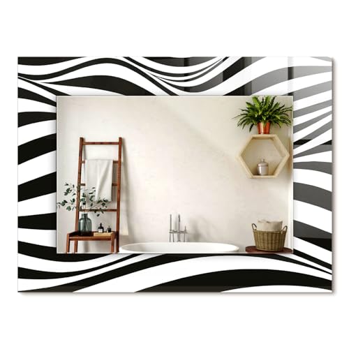 Espejo Rectangular 80x60 cm | Montaje en Pared | Diseño Moderno | con Borde Decorado | para Baño, Pasillo, Comedor | Bordo Pulido | Decoración Mural - Ondas Blancas y Negras