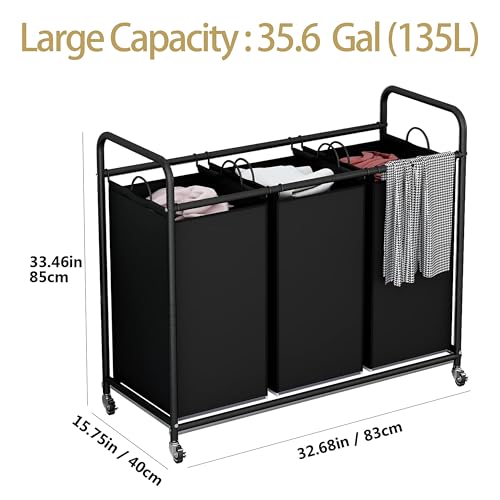 LINZINAR 3-Bag Laundry Basket, Black Laundry Hamper, 35.6 Gal(135 L) Laundry Sorter Cart Laundry Room Organization with Heavy Duty Rolling Lockable Wheels and Removable Bags - Image 4
