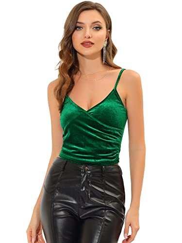 Allegra K Wrap Camisole Crop Top for Women's Spaghetti Strap Velvet Basic Cami Vest Tops Dark Green 12