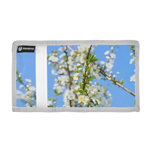 White Flowers Sky Blue Kids Wallet for Boys Girls Trifold Outdoor Sport Wallets for Youth Teen Children Wallet with Zippered Coin Pockets Card Holders Front Pocket Wallets with Magic Sticker