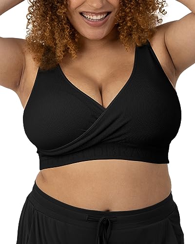 Kindred Bravely Sublime Adjustable Crossover Busty Nursing Bra | Wireless Maternity Bra for F, G, H, I Cups (Black, Large-Busty)