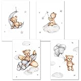 4 PCS Poster Kinderzimmer Dekor, Bär Flugzeug Mond Bild Rahmenlose Wandmalerei, Babyzimmer Dekor, Jungen Mädchen Wohnzimmer Schlafzimmer Wanddekoration (a4, 21 x 30 Cm)