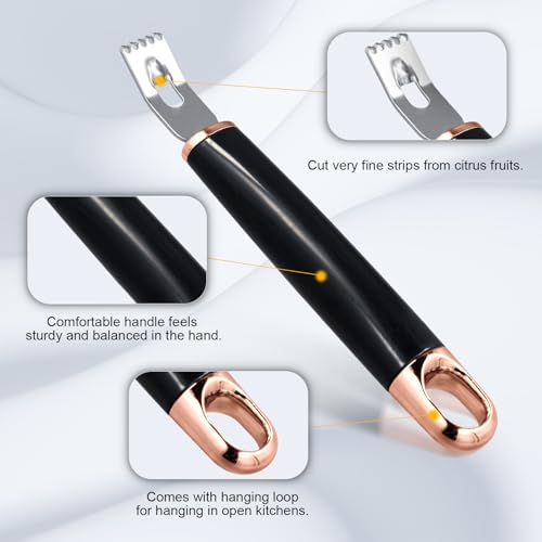Stainless Steel Channel Knife, Multifunctional Lemon Zester Fruit Peeler with Hanging Loop Lemon Twist Peeler Fruit Peeler Citrus Zester Tool for Cocktail Kitchen Home Bar (Black Gold)