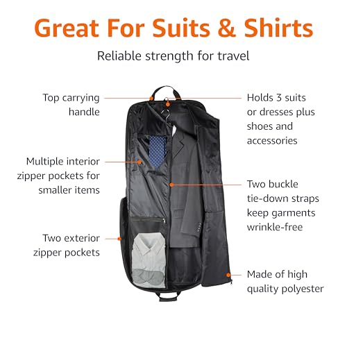 Amazon Basics 46" Premium Garment Bag for Travel, Suit Bag with Shoulder Strap for Suits and Dresses, 1680D Polyester Fabric, Exterior/Interior Pockets, Leather-reinforced Corners, Trifold, Black view 3