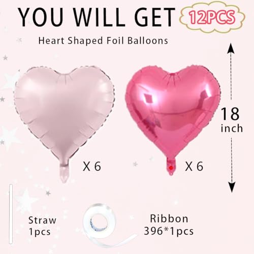 Image of Pink Heart Balloons,18inch Bright Pink Heart Shaped Foil Balloons & Baby Pink Helium Mylar Balloon for Anniversary Wedding Engagement Birthday Party Baby Shower Decorations(12Pcs)