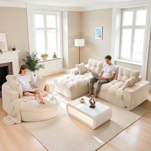 Image of MAXYOYO L Shape Sectional Sofa Couch and Round Chaise Lounge, Modern Cloud Couch with Ottoman, Comfy Sofa with Layered Cushion, Tufted Upholstered Sleeper Chair for Living Room, No Assembly Required
