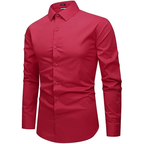 Damipow Mens Slim Fit Dress Shirts Long Sleeve Button Down Cotton Casual Business Shirt,Red,L Cover