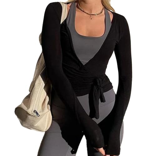 HENRUN Women Shirt Female Wrap Tie Top Breathable Coquettes Blouses Workout Shirt Long Sleeves Crop Top Women Long Sleeves Crop Tops