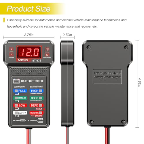 Zpana Car Battery Tester, BT172 12V Automotive Alternator Meter Diagnostic Tool with LED Indication & LCD Display, Accurate Digital Auto Battery Analyzer, Fit for Sedan Truck RV - Thumbnail 2