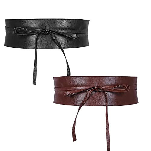 Zasvec Cinturones Ancho Mujer 2 piezas Cinturón Obi de Mujer Ancha de Cuero Sintética Fajin Mujer Cinturones Anchos Cinturones de Cintura Banda de Cintura Cinturón de Vestido Negro/Marrón 87cm