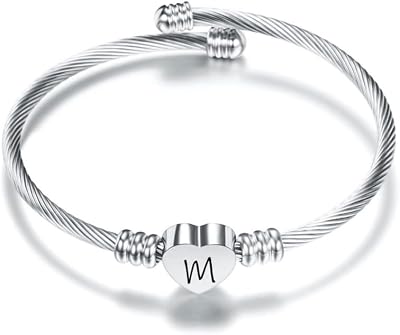 Plata Amor Corazón 26 Letra Inicial Alfabeto A-Z Pulsera Joyería Regalo Ajustable Para Hija Hijo Hermanas Amigos Madre Colega Amante Cumpleaños Navidad
