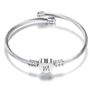 Suonie Plata Amor Corazón 26 Letra Inicial Alfabeto A-Z Pulsera Joyería Regalo Ajustable Para Hija Hijo Hermanas Amigos Madre Colega Amante Cumpleaños Navidad M