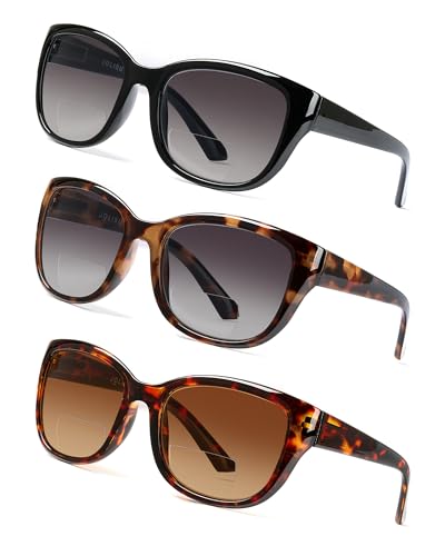 JOLISU 3PCS Bifocal Sunglasses Readers for Women/Men - Full Lens UV400 Sun Protection with Built-in Reading(1.75)