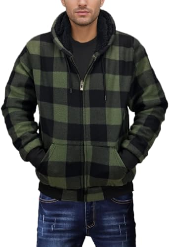 Men's Zip Up Hoodie Sherpa Fleece Lined Plaid Jacket Flannel Warm