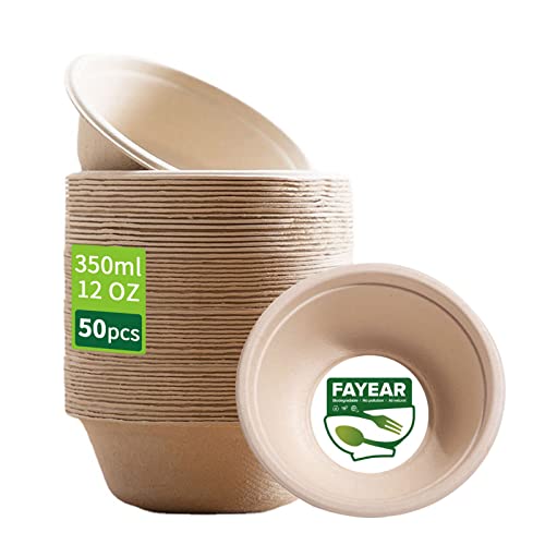 50 Pack Disposable Paper Bowls, Biodegradable and Compostable, Environmentally Friendly Disposable Bowls, Perfect for Party and Picnics (12 oz)
