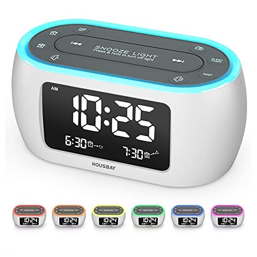 HOUSBAY Glow Small Alarm Clock Radio for Bedrooms with 7 Color Night Light, Dual Alarm, Dimmer, USB Charger, Battery Backup, Nap Timer, FM Radio with Auto-Off Timer for Bedside（White）