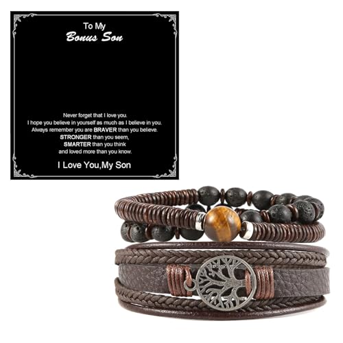 Image of HZMAN Genuine Leather Tree of life Bracelets Men Women, Tiger Eye Natural Stone Lava Rock Beads Ethnic Tribal Elastic Bracelets Wristbands, Adult, Leather, tiger eye