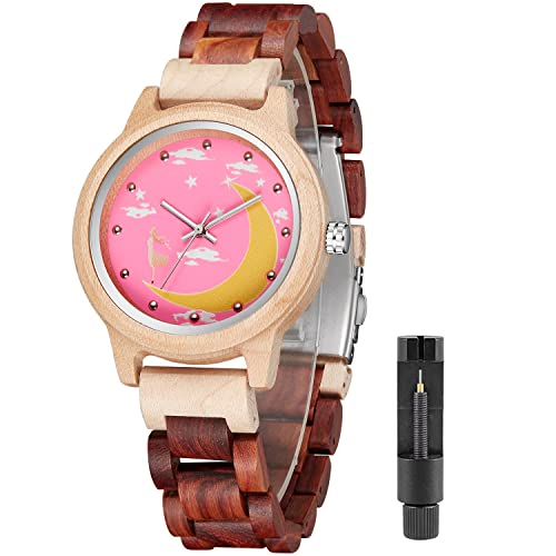 Tiong Women's Quartz Watches Luminous Moon Pink Dial Wooden Watch,Women Full Wood Band Wristwatch Fold Buckle for Ladies Watch-Moon red