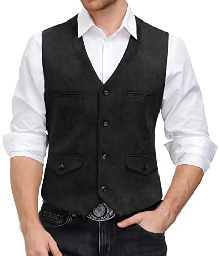 Pj Paul Jones Men's Suede Leather Vest Single Breasted Western Vest With Pockets Black M #TOP2